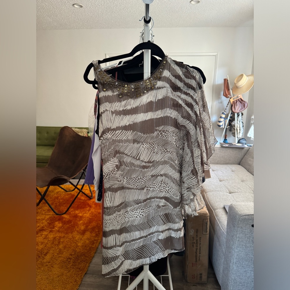BCBG Maxazria metallic asymmetrical mini dress